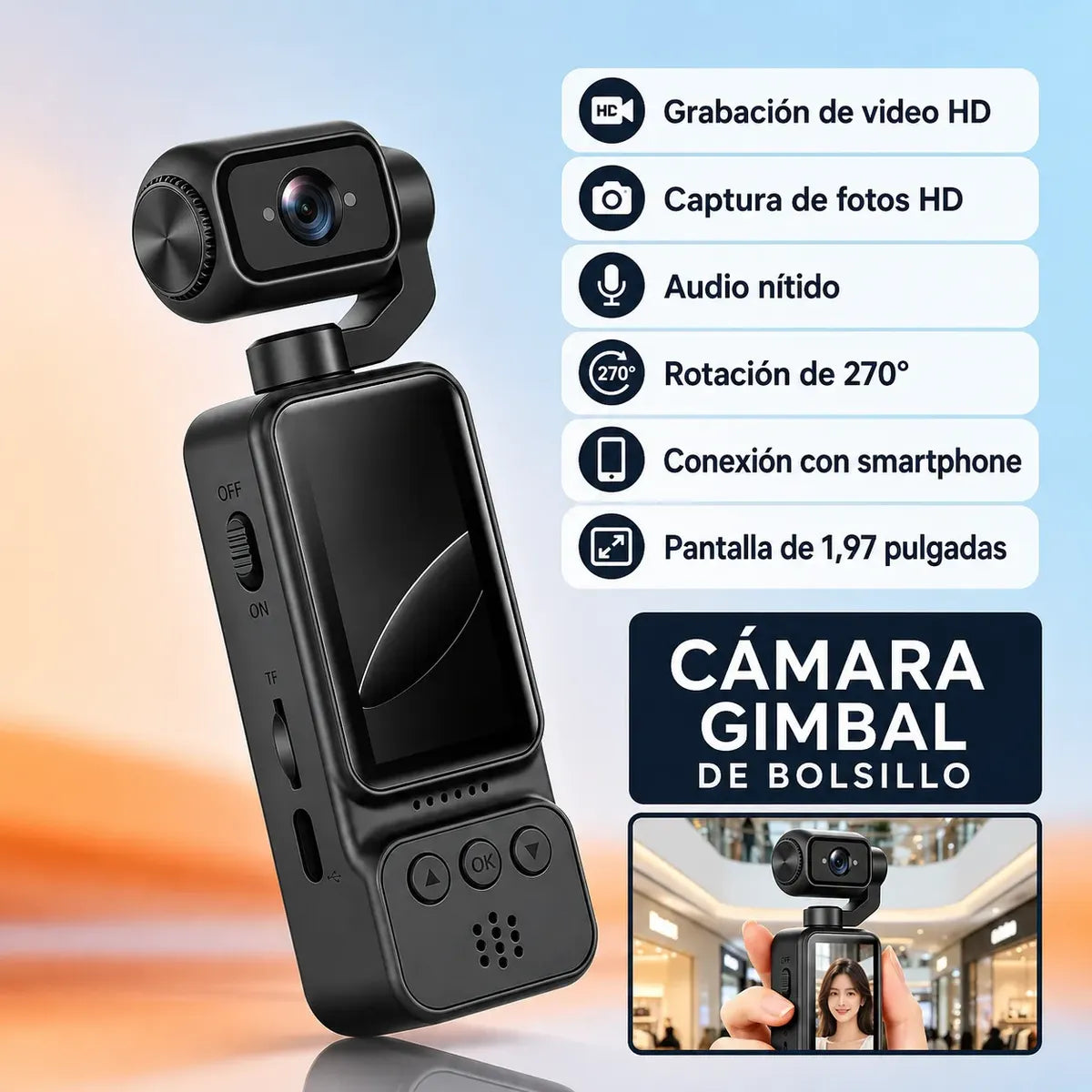Cámara Deportiva Portátil 2K WiFi C8 — Cabezal Giratorio 270° con Clip y MicroSD 8GB