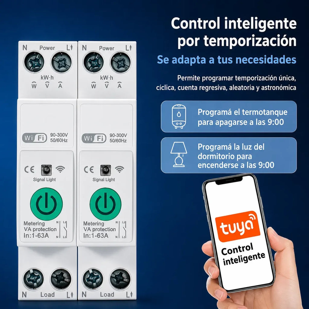 Interruptor Inteligente WiFi Riel DIN 63A con Medidor de Consumo — Tuya / Smart Life