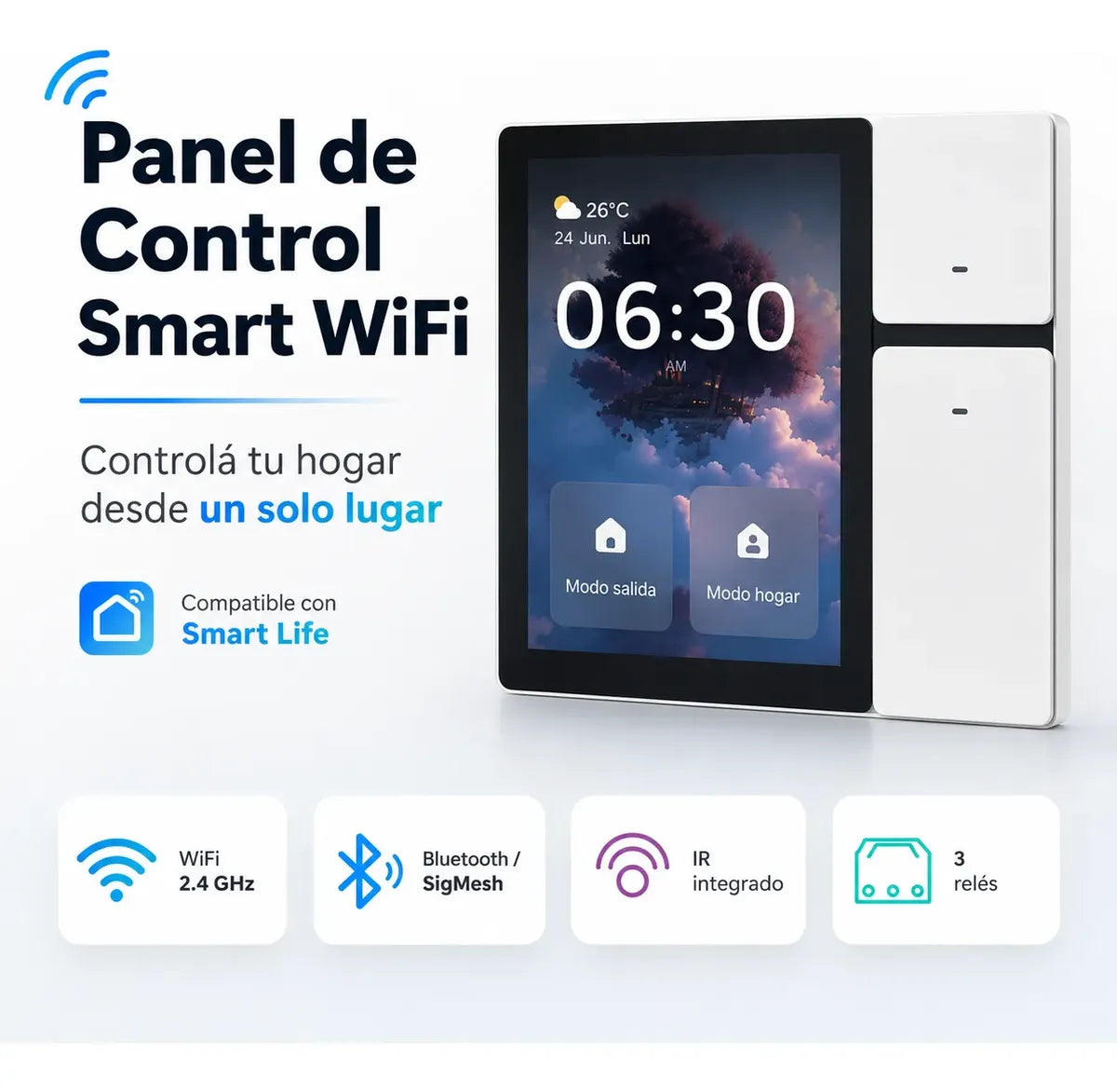 Panel de Control Domótico Táctil WiFi 3.5 Pulgadas Smart Life — 3 Salidas, Infrarrojo y Bluetooth SigMesh