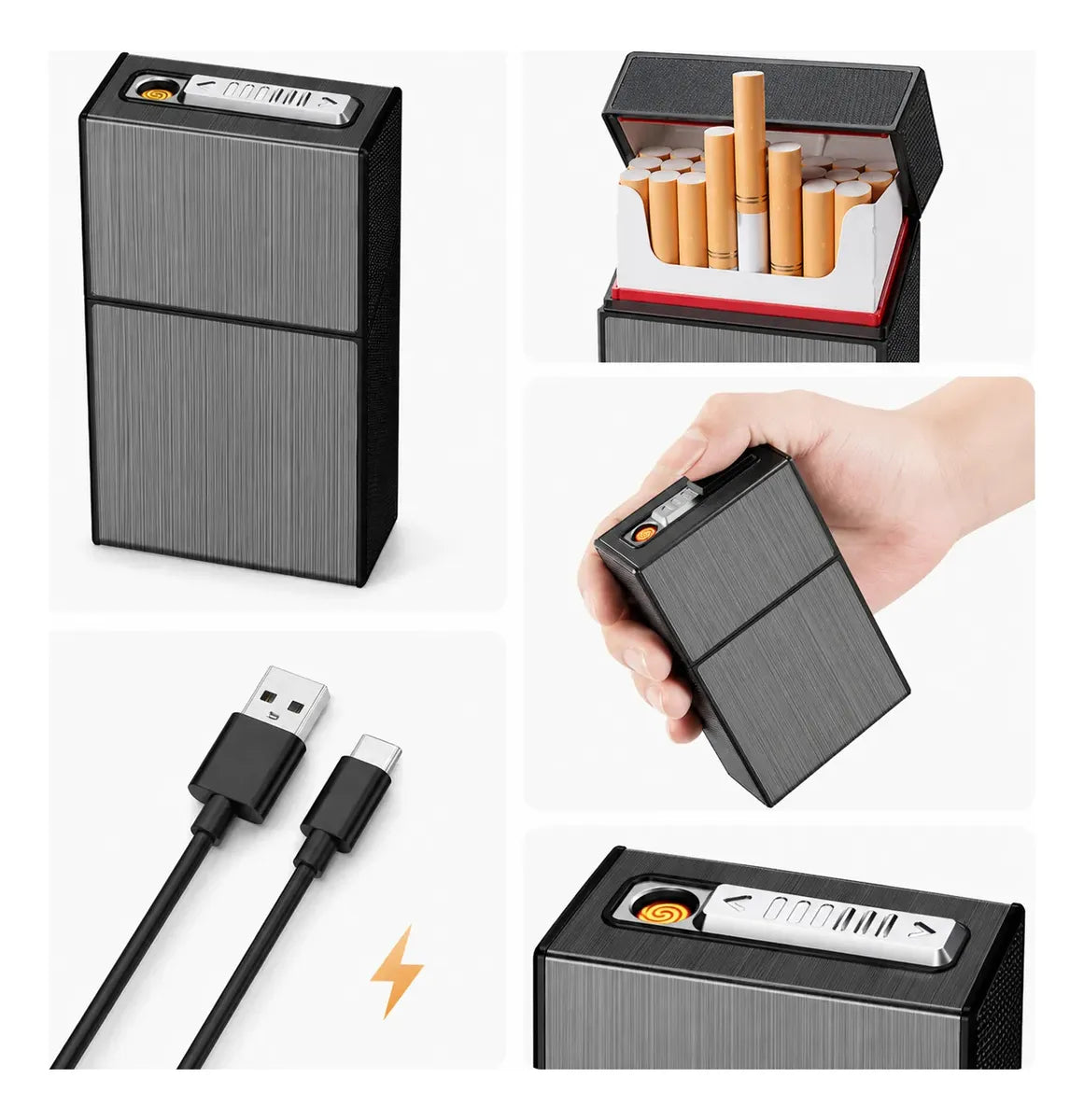 Cigarrera de Bolsillo con Encendedor Eléctrico USB Recargable — Combo x2
