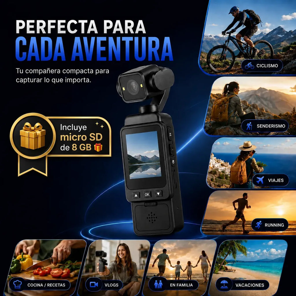 Cámara Deportiva Portátil 2K WiFi C8 — Cabezal Giratorio 270° con Clip y MicroSD 8GB