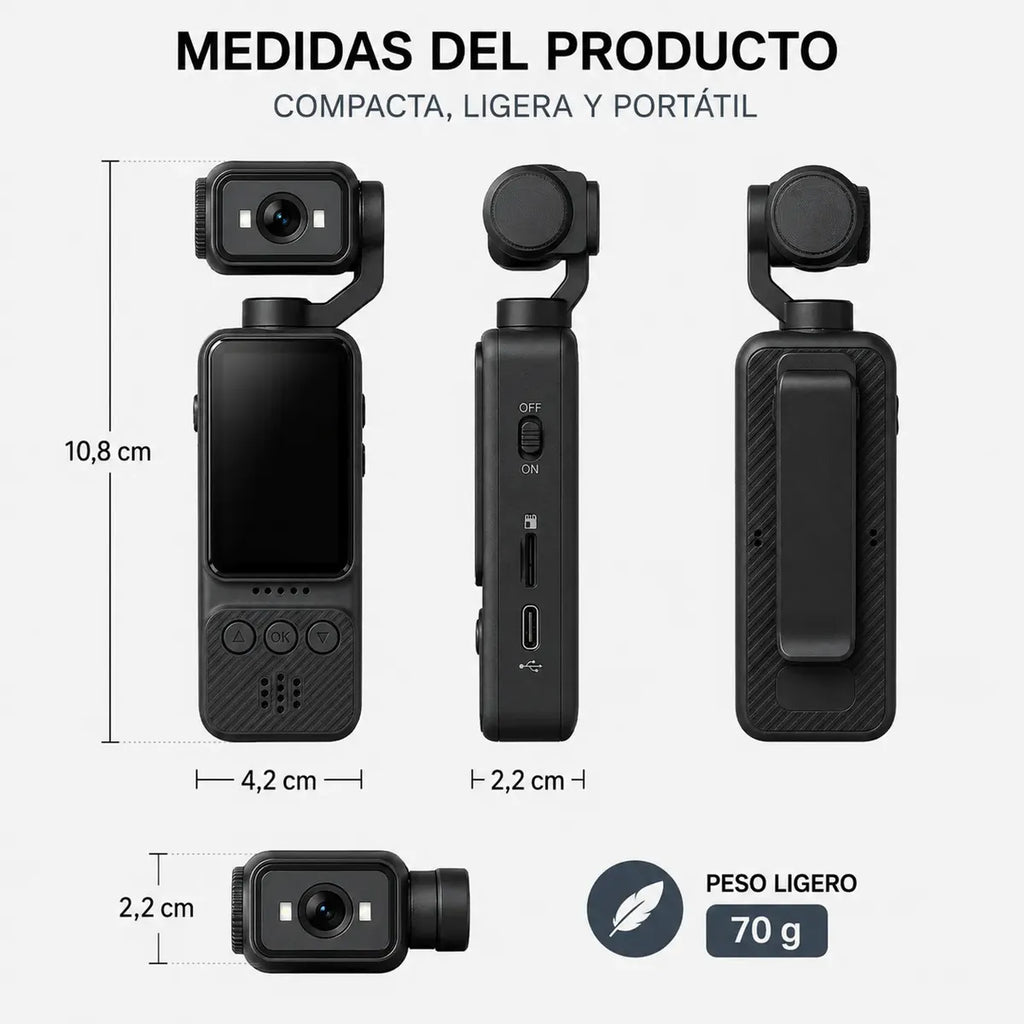 Cámara Deportiva Portátil 2K WiFi C8 — Cabezal Giratorio 270° con Clip y MicroSD 8GB