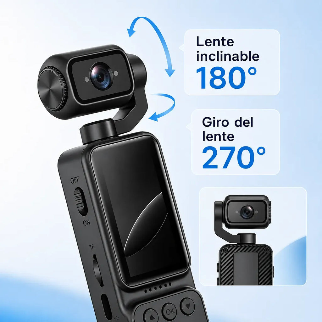 Cámara Deportiva Portátil 2K WiFi C8 — Cabezal Giratorio 270° con Clip y MicroSD 8GB