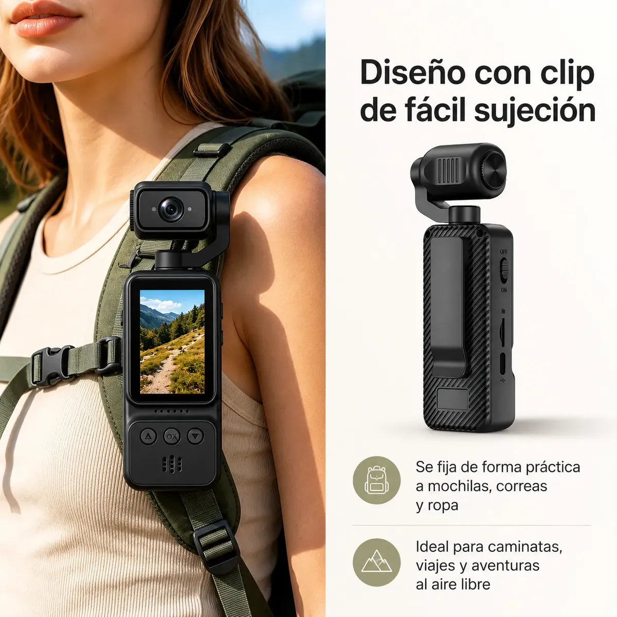 Cámara Deportiva Portátil 2K WiFi C8 — Cabezal Giratorio 270° con Clip y MicroSD 8GB