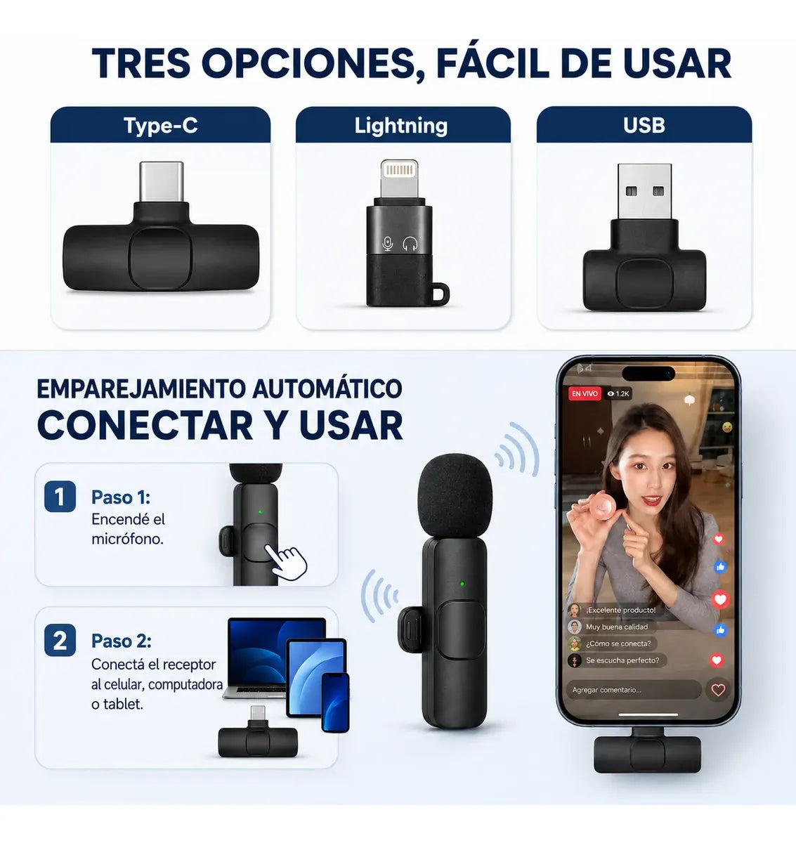 Micrófono Corbatero Inalámbrico x2 K9 — Kit 4 en 1 con USB-C, Lightning y USB