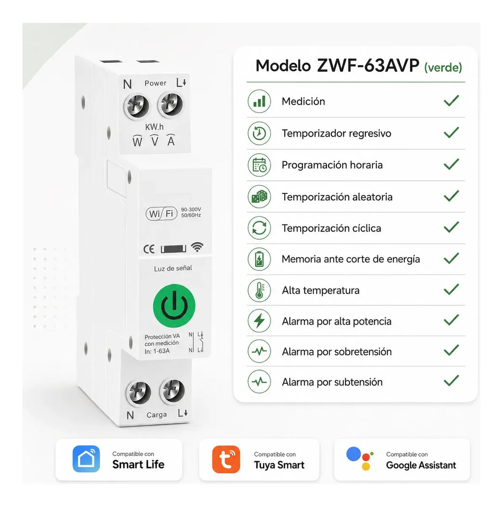 Interruptor Inteligente WiFi Riel DIN 63A con Medidor de Consumo — Tuya / Smart Life