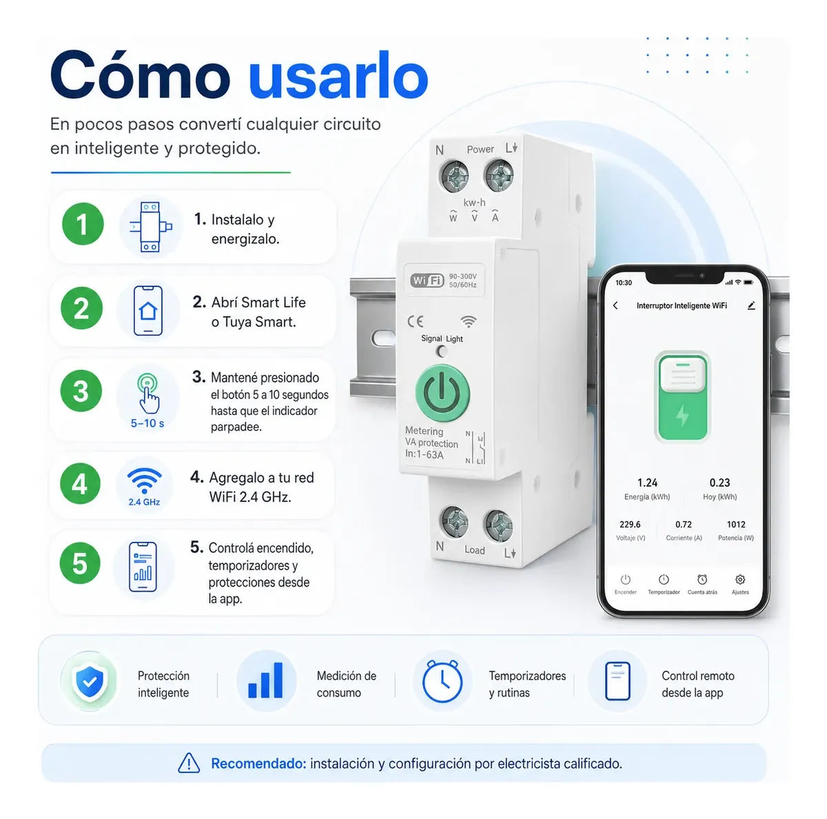 Interruptor Inteligente WiFi Riel DIN 63A con Medidor de Consumo — Tuya / Smart Life