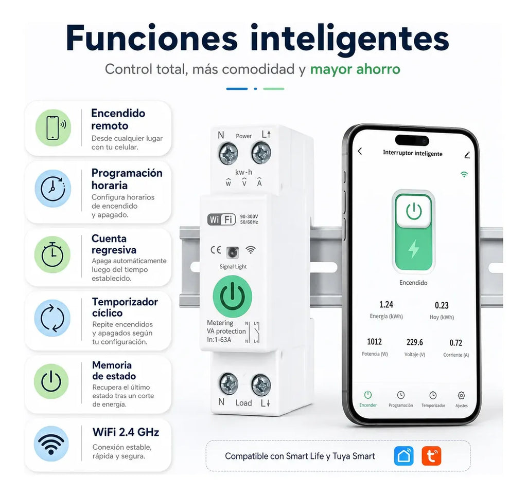 Interruptor Inteligente WiFi Riel DIN 63A con Medidor de Consumo — Tuya / Smart Life