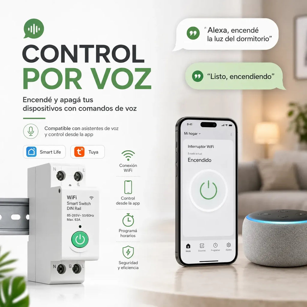 Interruptor Inteligente WiFi Riel DIN 63A con Medidor de Consumo — Tuya / Smart Life