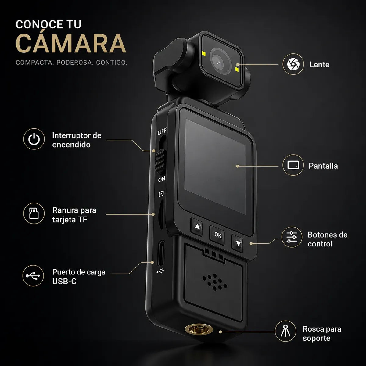 Cámara Deportiva Portátil 2K WiFi C8 — Cabezal Giratorio 270° con Clip y MicroSD 8GB
