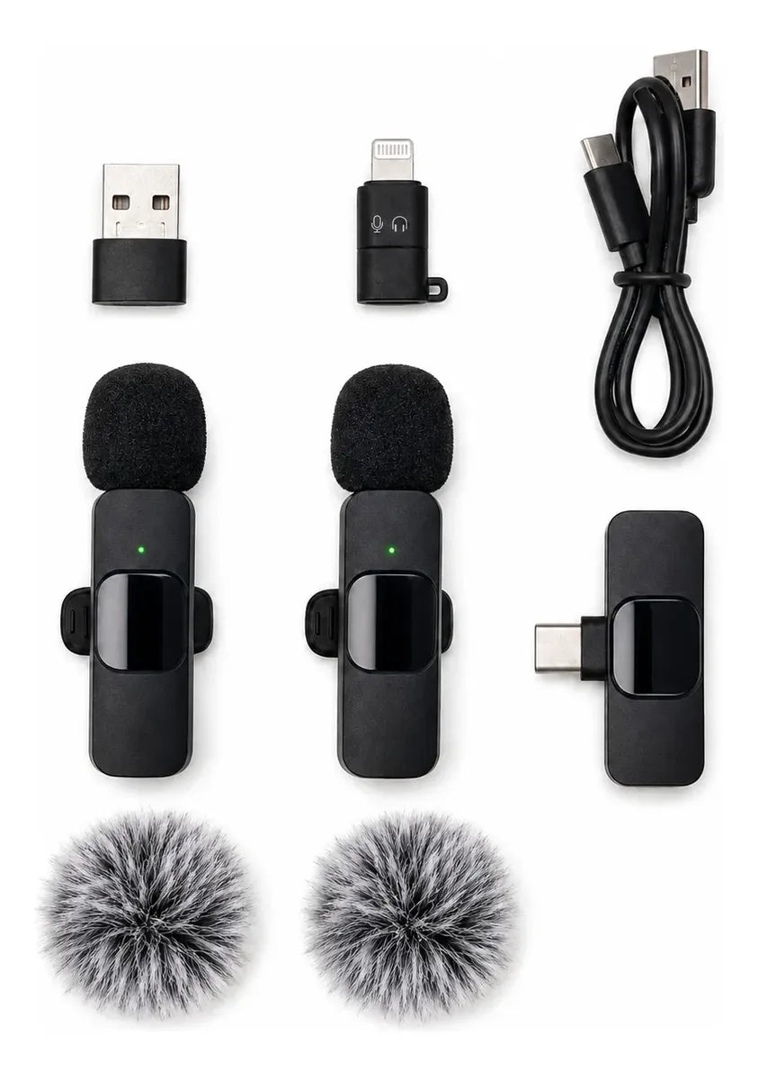 Micrófono Corbatero Inalámbrico x2 K9 — Kit 4 en 1 con USB-C, Lightning y USB