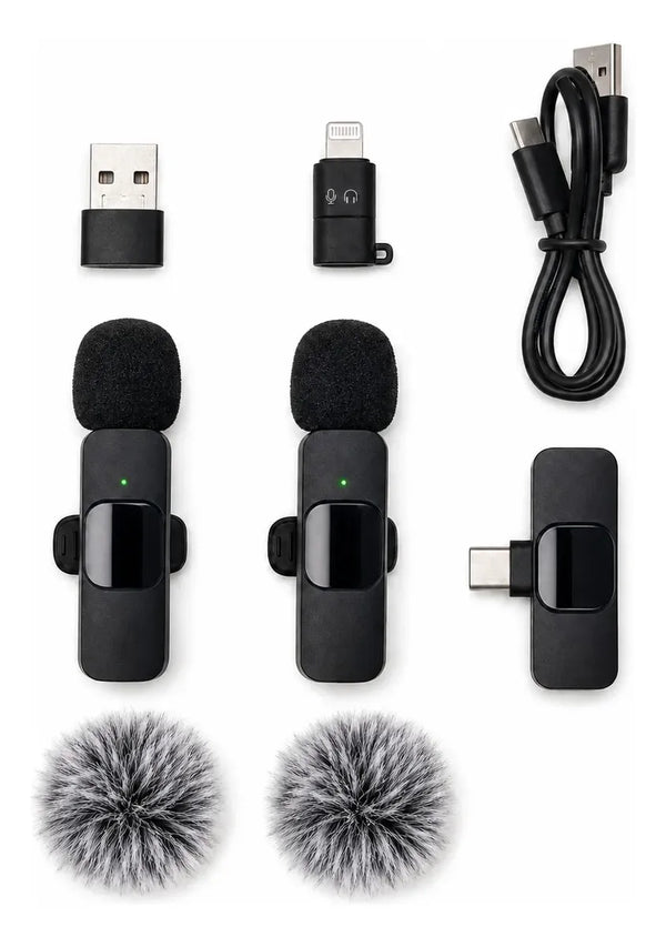 Micrófono Corbatero Inalámbrico x2 K9 — Kit 4 en 1 con USB-C, Lightning y USB