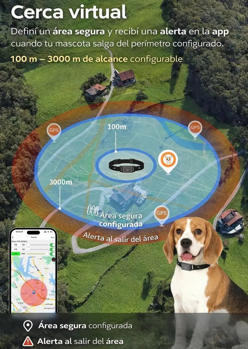 Collar rastreador GPS ajustable para mascotas de 3.6 a 54 cm